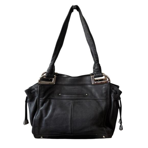 B. MAKOWSKY Black Pebbled Leather Hobo Shoulder Bag Double Handle Fringe Tassels - Picture 3 of 10